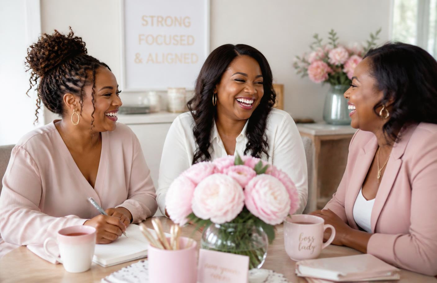 Three Black women entrepreneurs laughing together over journals and coffee