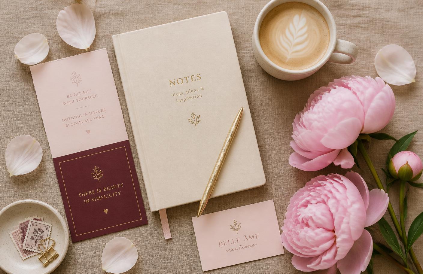 Journal, gold pen, coffee and pink peonies on a linen surface